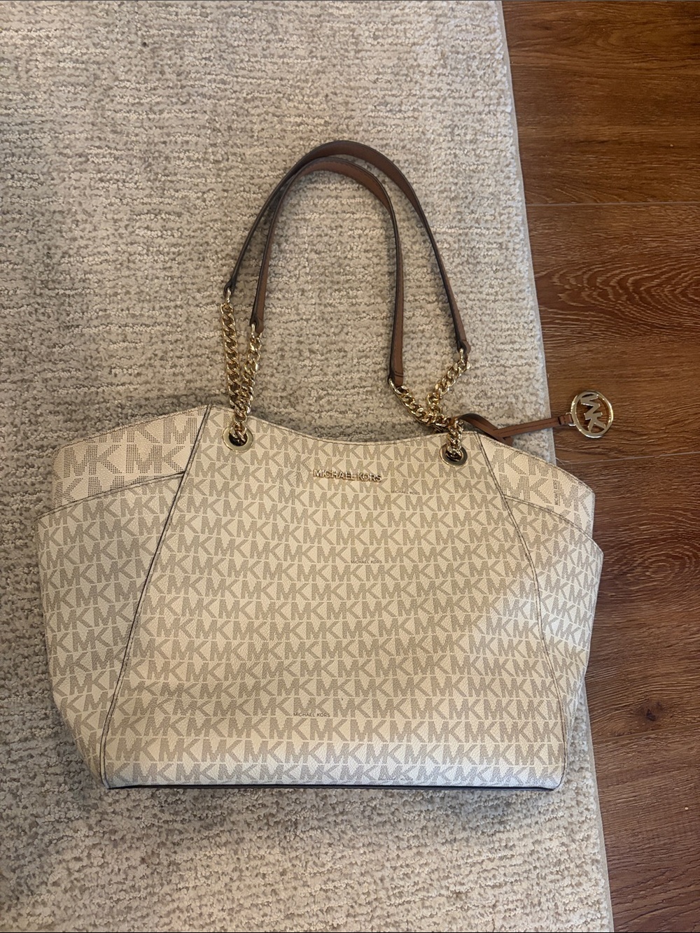 Michael Kors Cream Beige MK Signature Tote with Gold Chain Handles